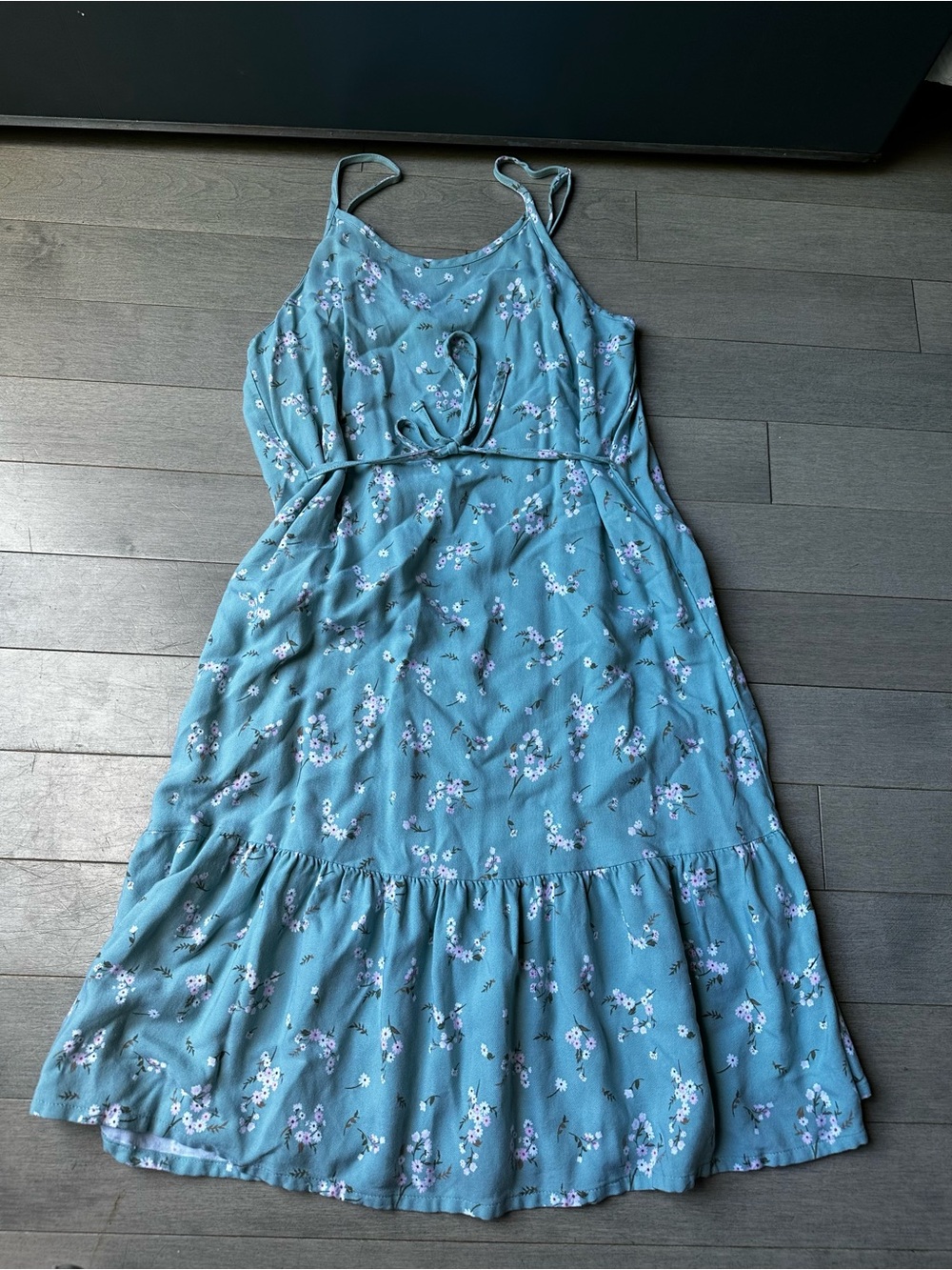 Girls Wonder Nation Blue Floral Sleeveless Ruffled Tier Hem Waist Tie Dress XL